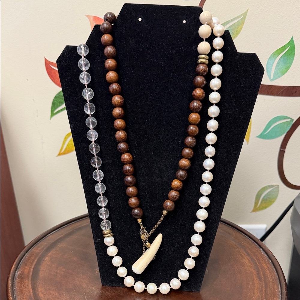 BARBARA BOZ 428 LONG ANTLER-CLASP PEARL & GEMSTONE COLOR BLOCK NECKLACE 50” LONG